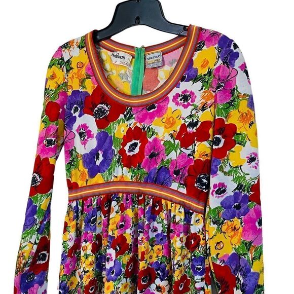 Goldworm Vintage 60s Anemone Vibrant Rainbow Floral Long Sleeve Dress Sz 12 - Picture 3 of 10